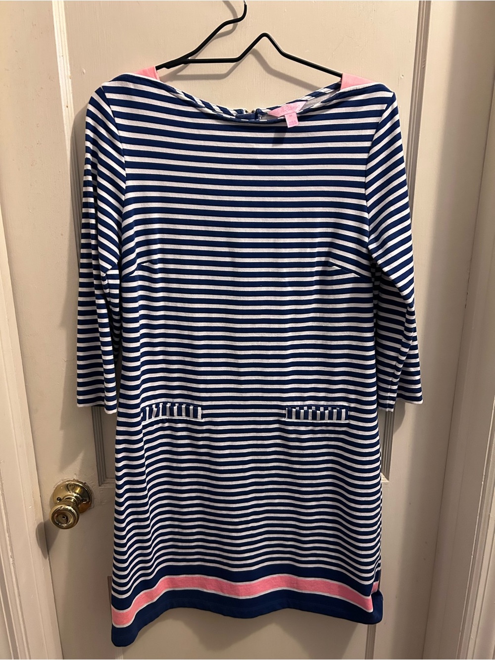 Lilly Pulitzer Irina French Terry Navy & White Striped Shift Dress‎ Pink Trim